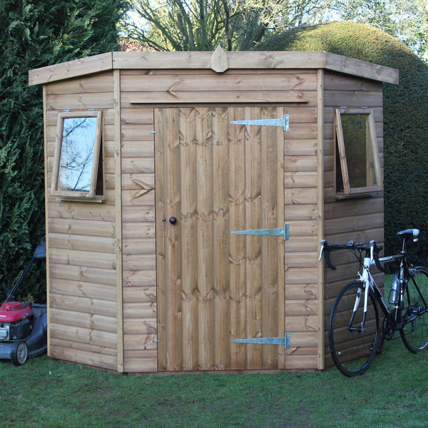 garden shed apex corner, with bike and mower