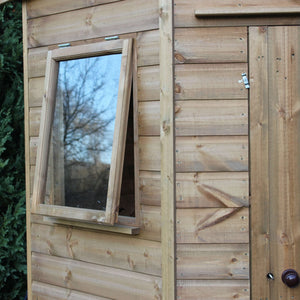 garden shed apex corner, showing quality left window