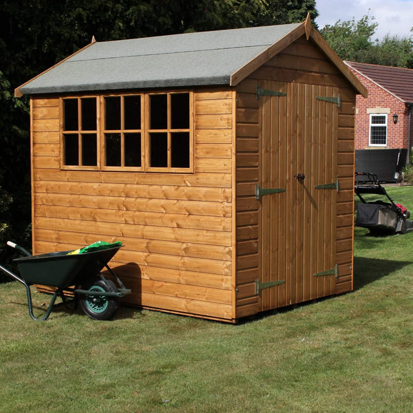 heavy duty apex garden shed with wheel barrow