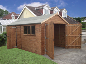 Timber garage shed doors open and an Apex roof