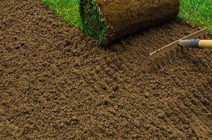 Top soil lawn and seed raking soil in